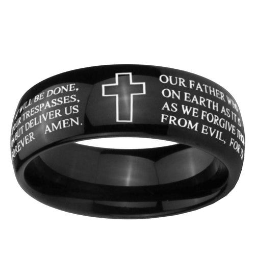 10mm Bible Lord's Prayer Cross Dome Black Tungsten Ring