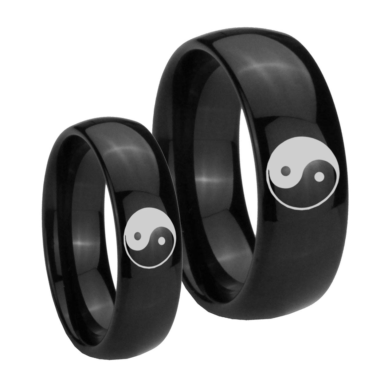 Yin Yang Dome Black Tungsten Bridal Set Ring