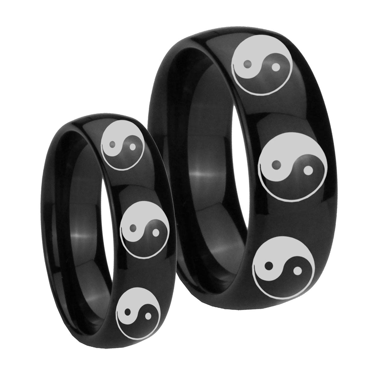 Multiple Yin Yang Dome Black Tungsten Mens Ring Set