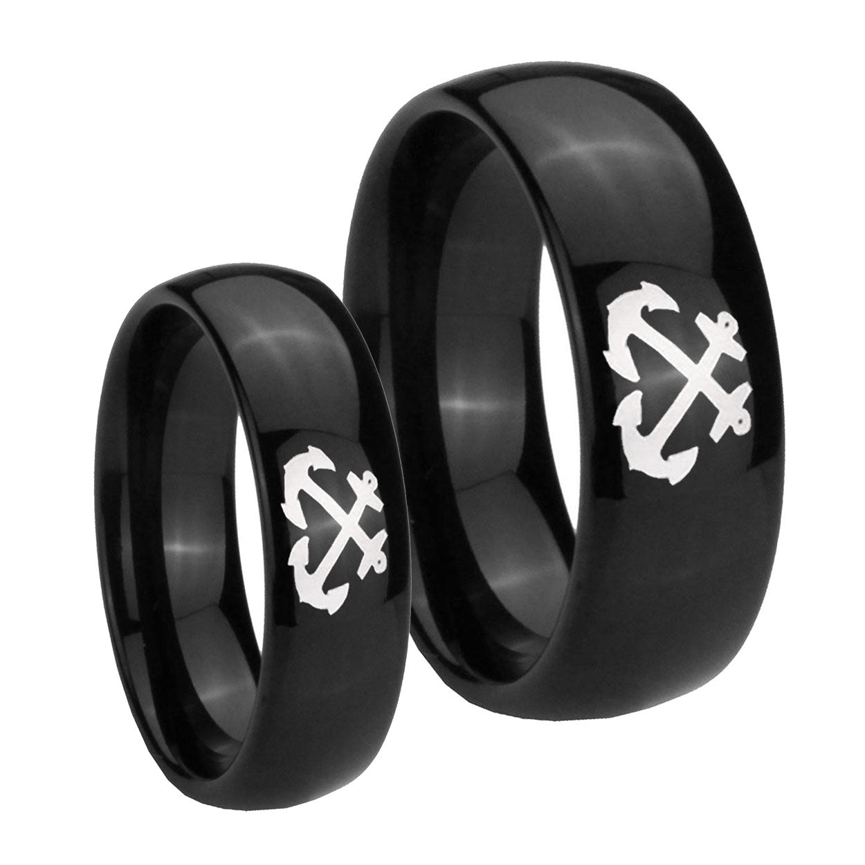 Anchor Dome Black Tungsten Wedding Ring Set