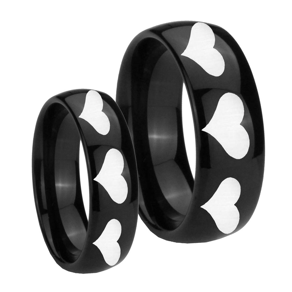 Multiple Heart Dome Black Tungsten Bridal Band Set