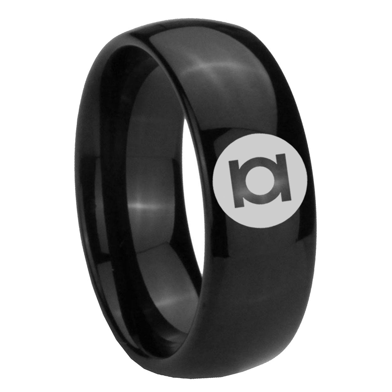 8mm Green Lantern Dome Polish Black Tungsten Mens Ring