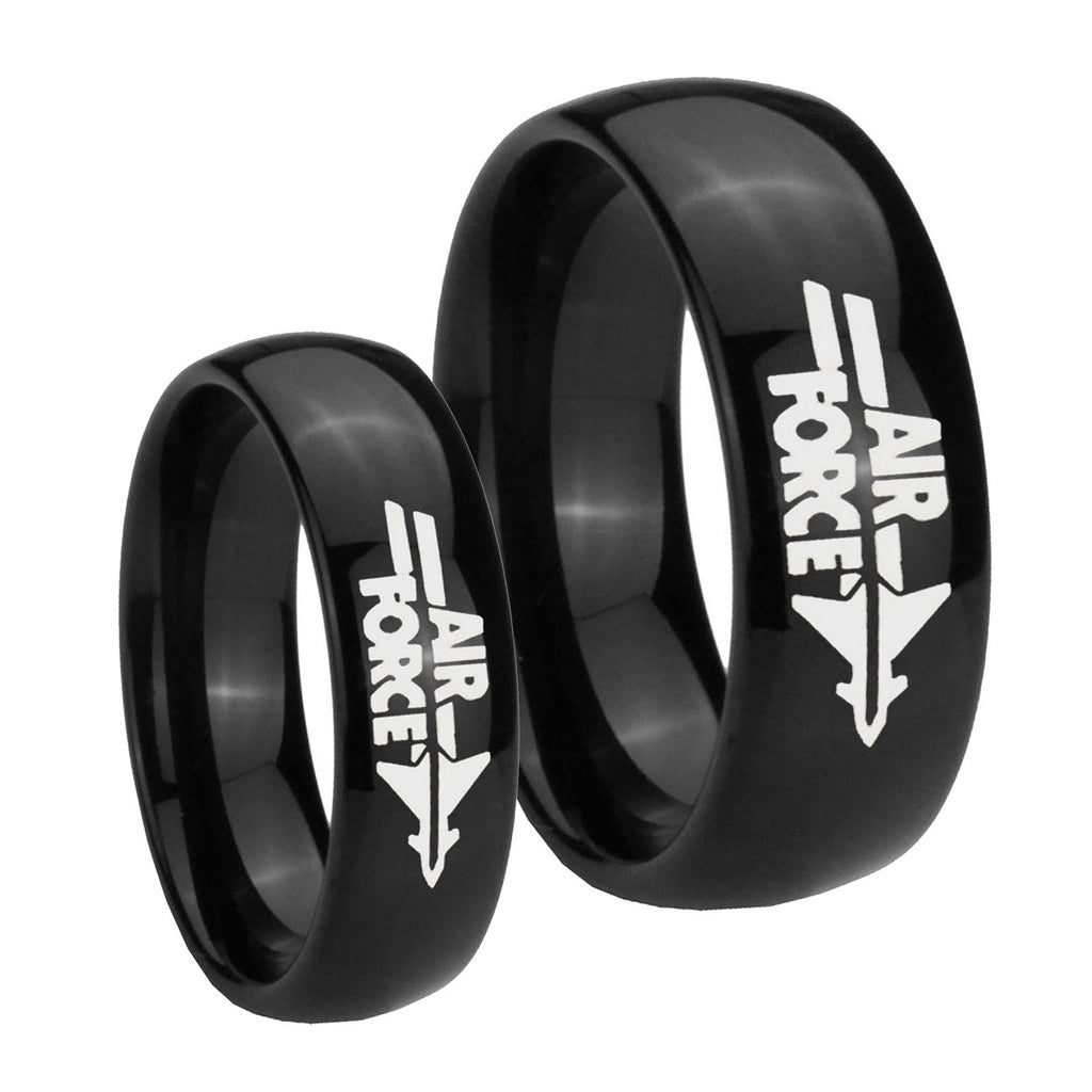 Classic Dome Air Force Shiny Black Tungsten Mens Set Ring