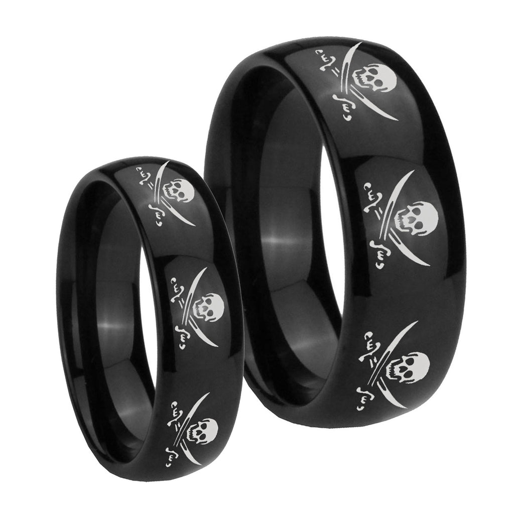 Multiple Skull Pirate Dome Black Tungsten Bridal Set Ring