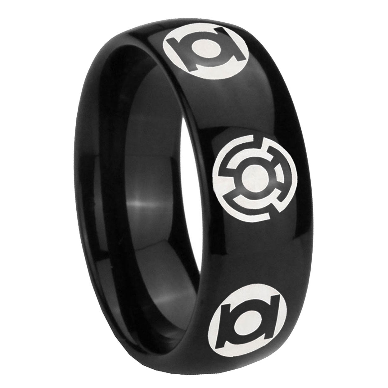 8mm Blue Green Lantern Dome Polish Black Tungsten Mens Ring