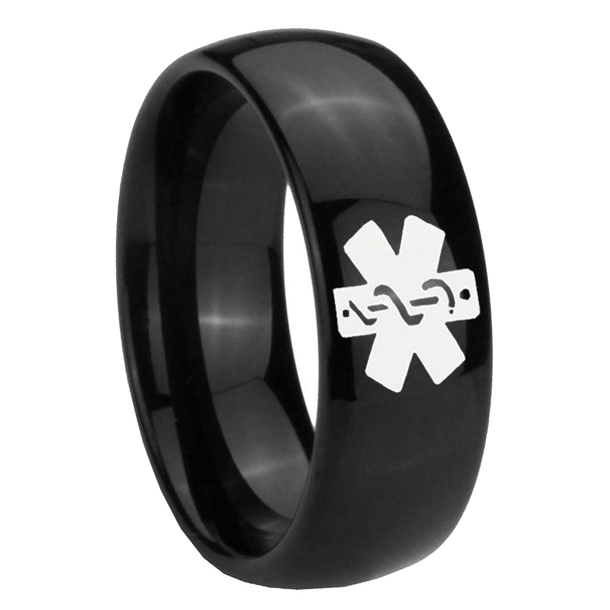 10mm Medical Alert Dome Black Tungsten Carbide Mens Anniversary Ring
