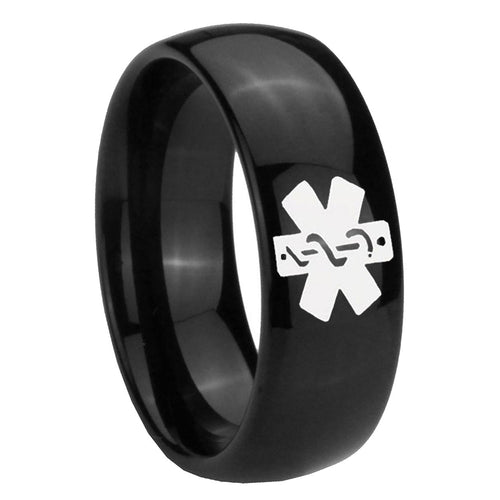 10mm Medical Alert Dome Black Tungsten Carbide Mens Anniversary Ring