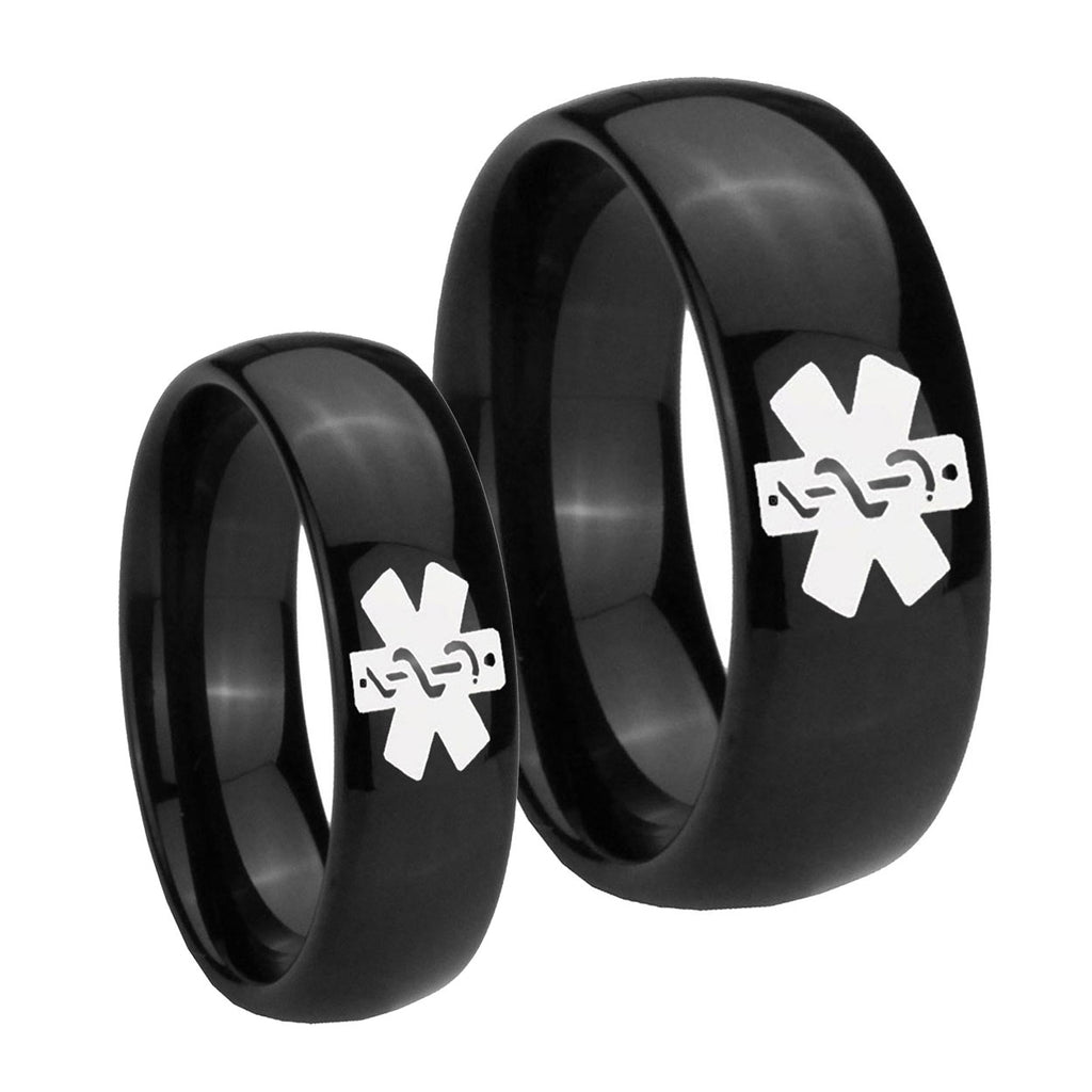 Medical Alert Dome Black Tungsten Mens Band Set