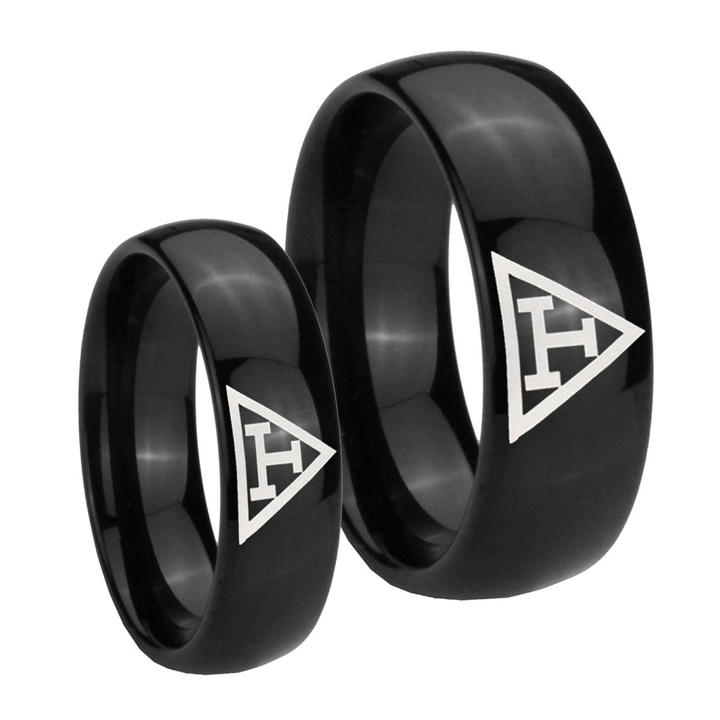 Masonic Triple Dome Black Tungsten Bridal Set Rings