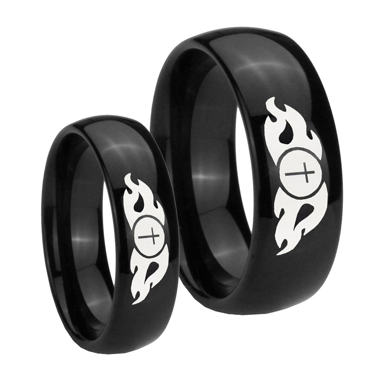 Flamed Cross Dome Black Tungsten Couple Wedding Rings