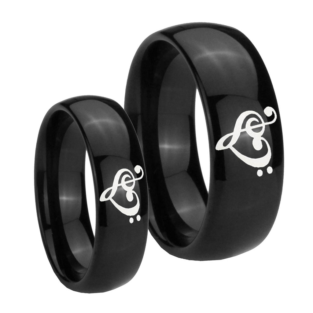 Music & Heart Dome Black Tungsten Wedding Set Rings