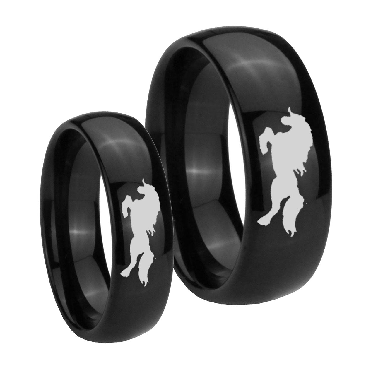 Horse Dome Black Tungsten Bridal Set Rings