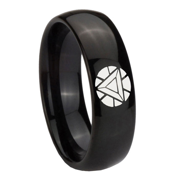 8mm Iron Man Art Reactor Dome Polish Black Mens Engraved Wedding Bands