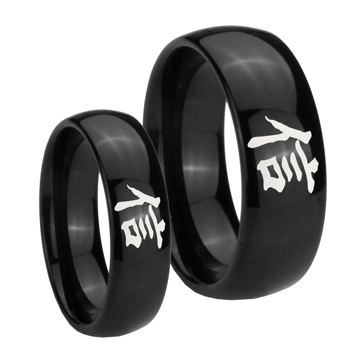 Kanji Faith Dome Black Tungsten Wedding Band Set