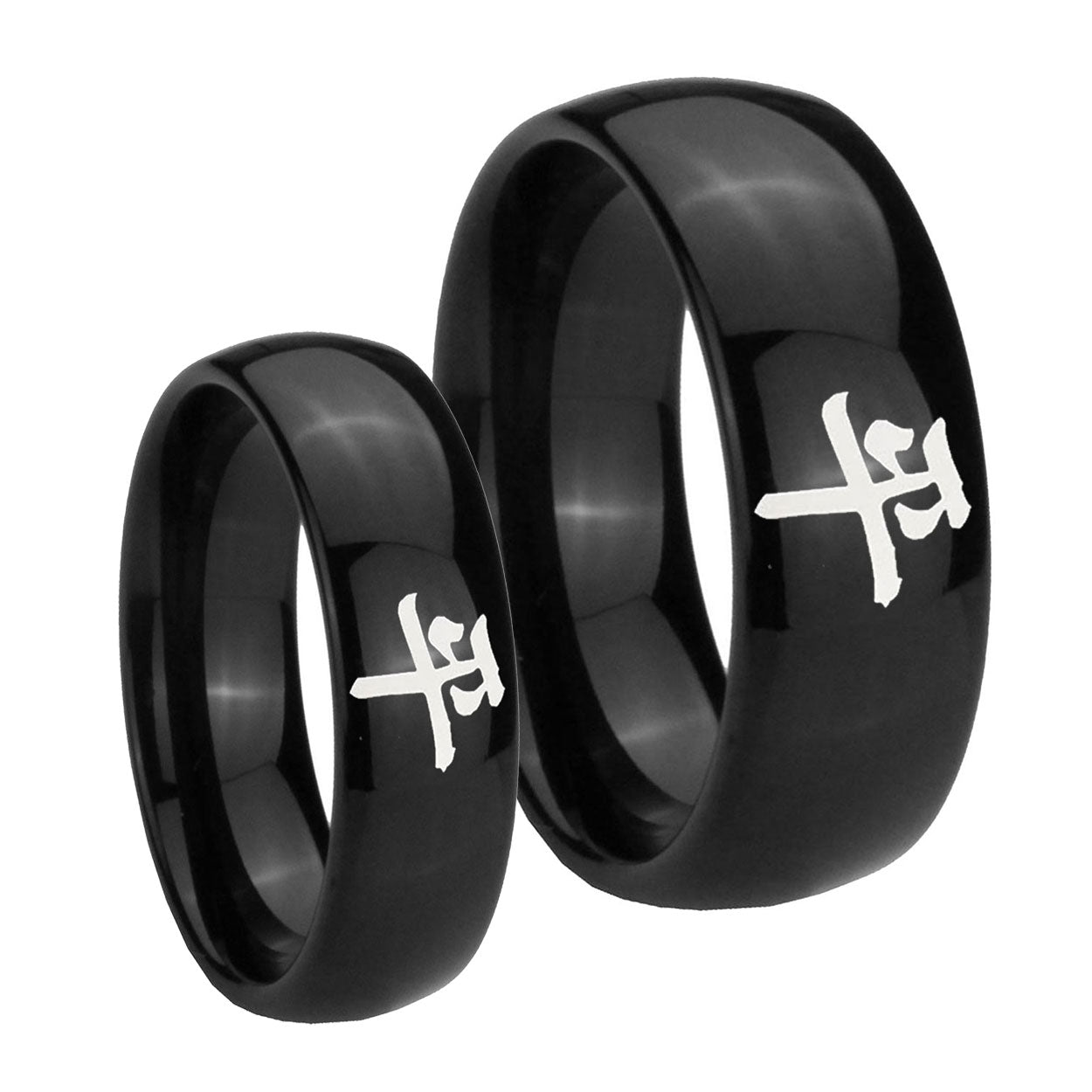 Kanji Peace Dome Black Tungsten Bridal Set Rings