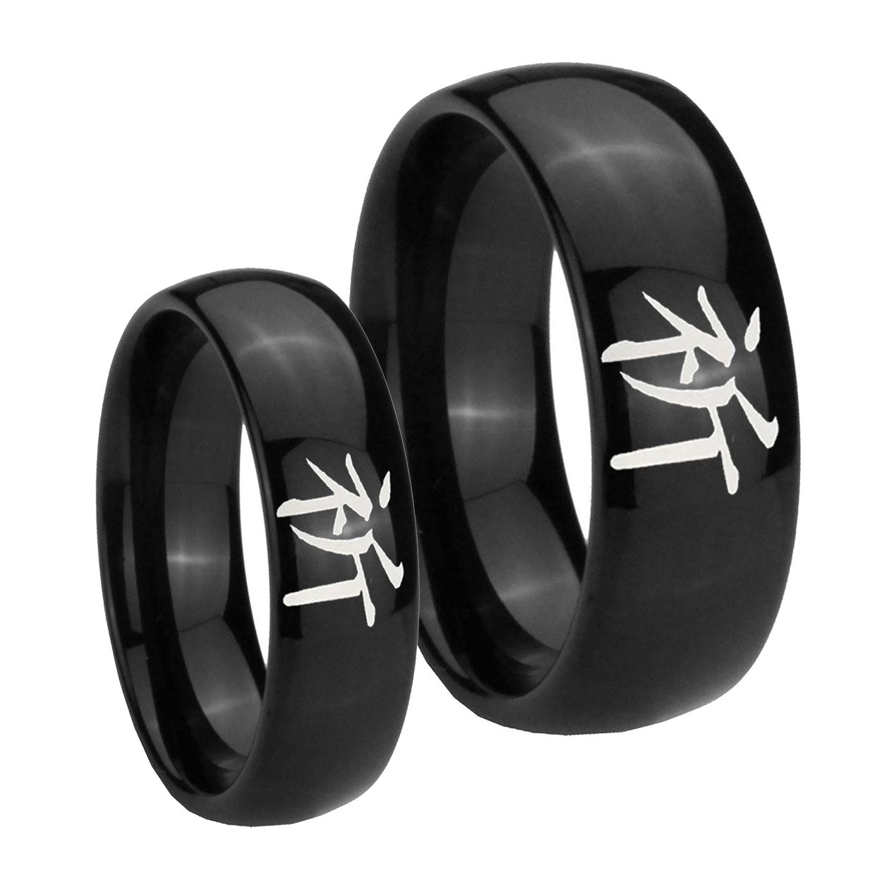 Kanji Prayer Dome Black Tungsten Couple Wedding Rings