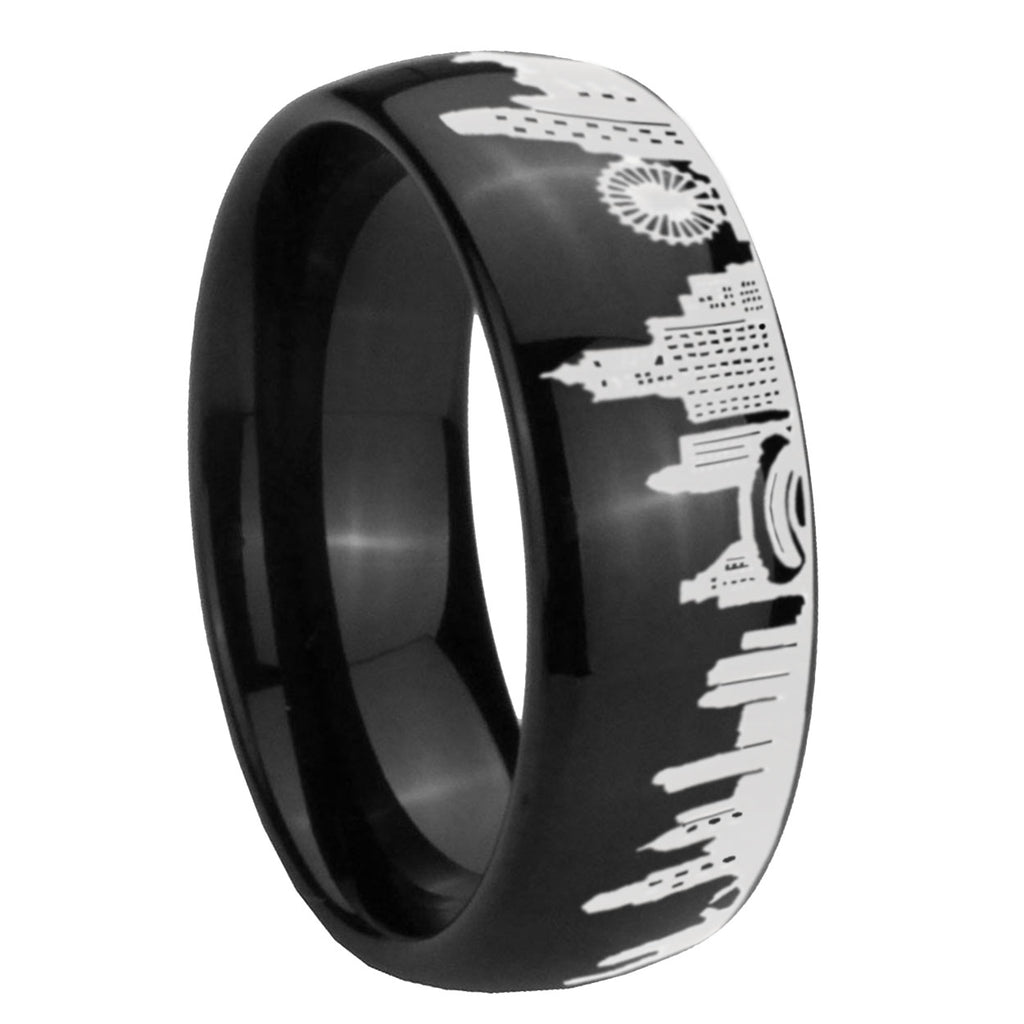 Chicago City Dome Polish Black Tungsten Engraved Ring