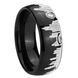 8mm Chicago City Dome Polish Black Tungsten Mens Engraved Wedding Bands