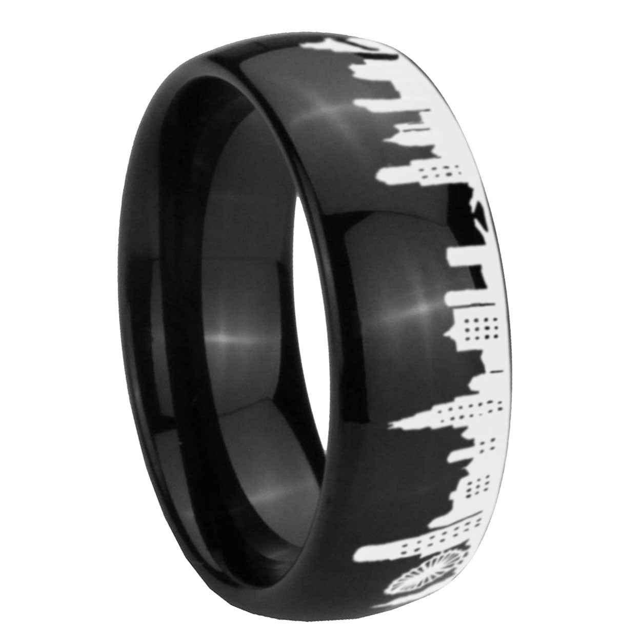 8MM Chicago City Dome Polish Black Tungsten Engraved Ring