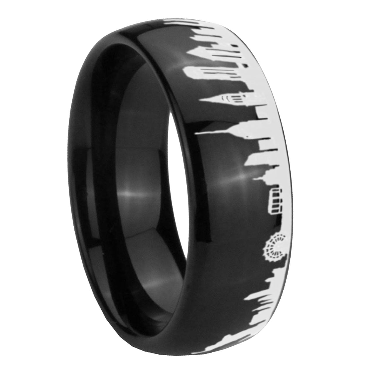 8MM NY New York City Dome Polish Black Tungsten Promised Ring