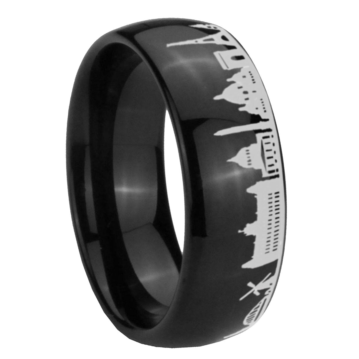 8MM France Paris City Dome Polish Black Tungsten Promised Ring