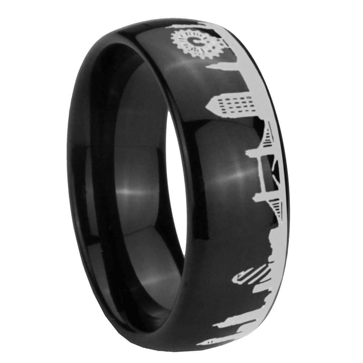 8MM UK London City Dome Polish Black Tungsten Engraved Ring