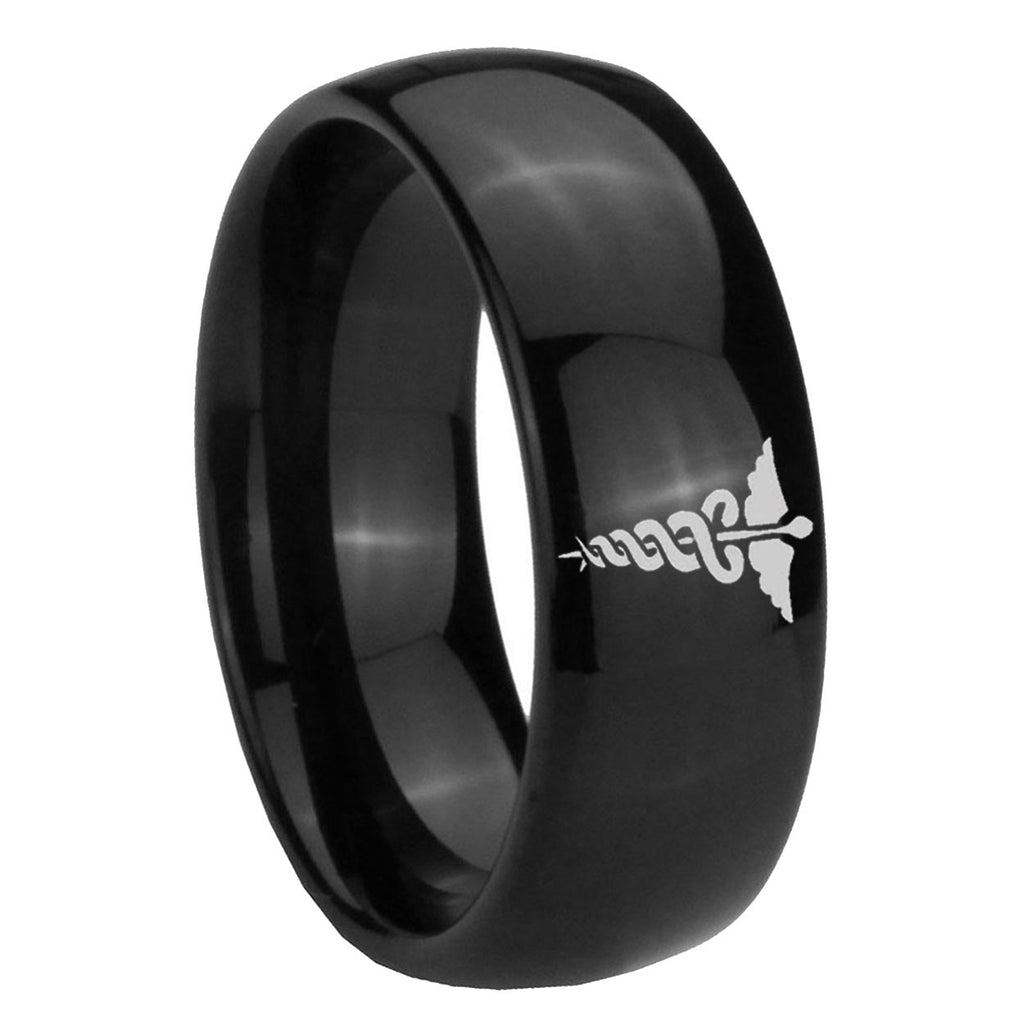 10mm Medical Symbol Dome Black Tungsten Carbide Mens Anniversary Ring