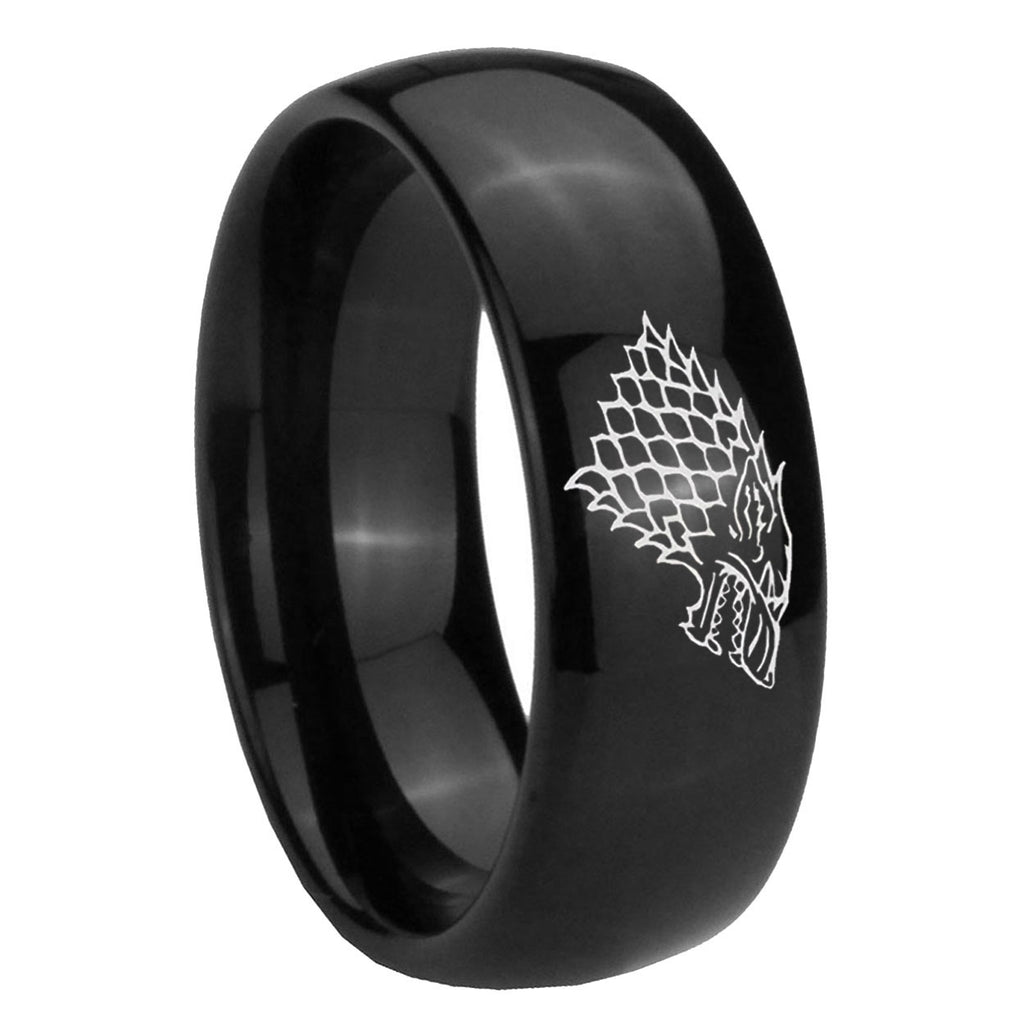 10mm Game Of Thrones House Stark Direwolf Dome Black Tungsten Carbide Mens Anniversary Ring