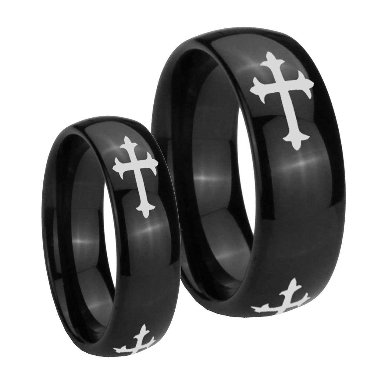 Christian Cross Religious Dome Black Tungsten Bridal Set Rings