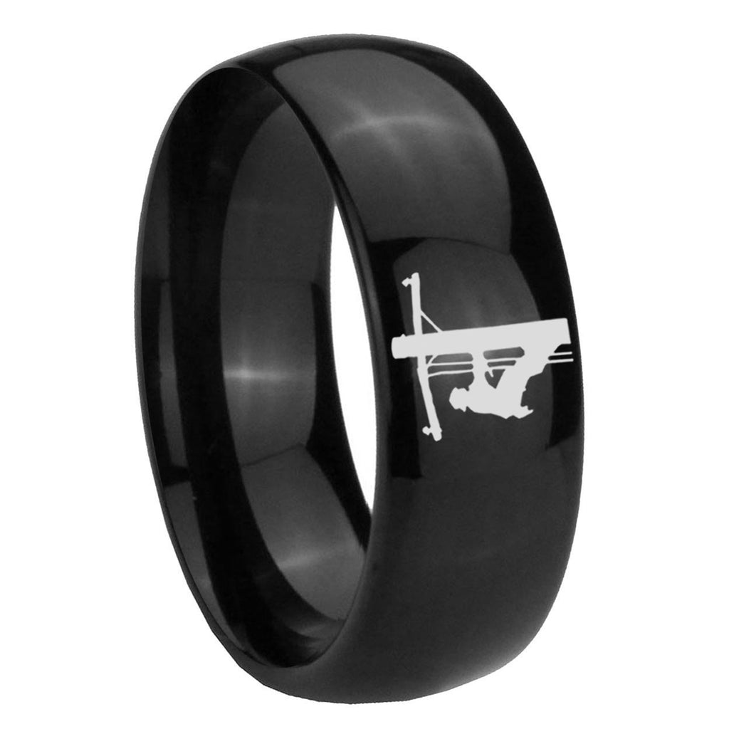 8mm Lineman Symbol Dome Polish Black Mens Engraved Ring