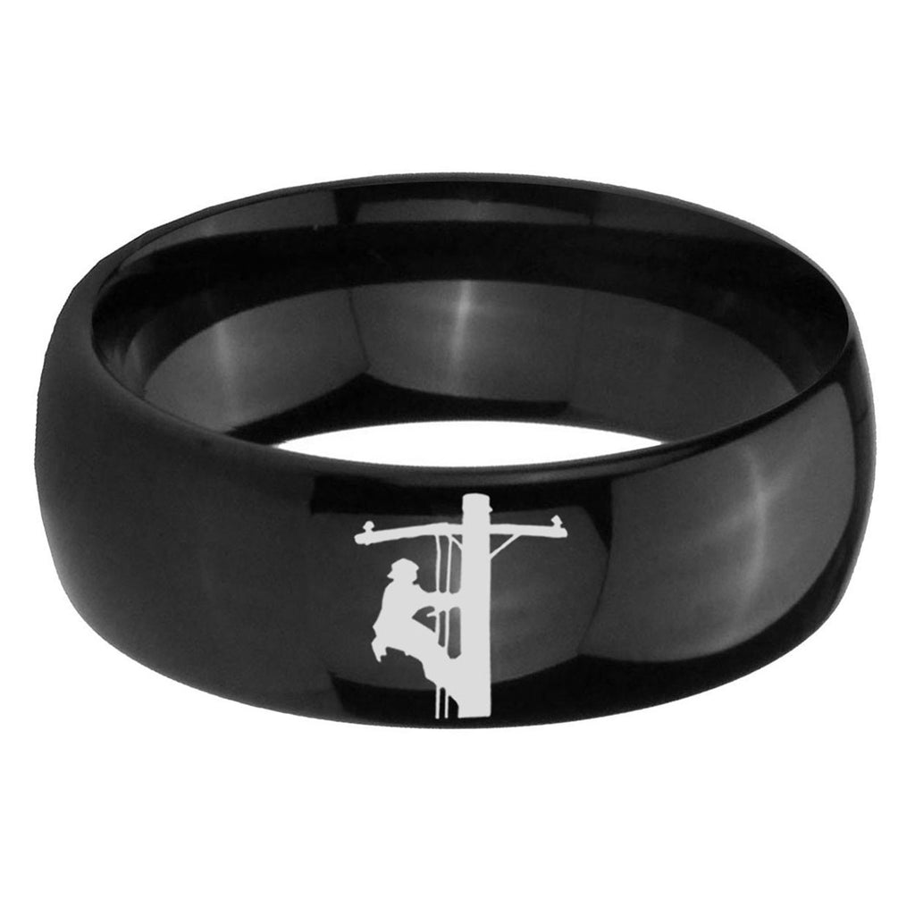 5mm Lineman Symbol Dome Polish Black Mens Engraved Ring