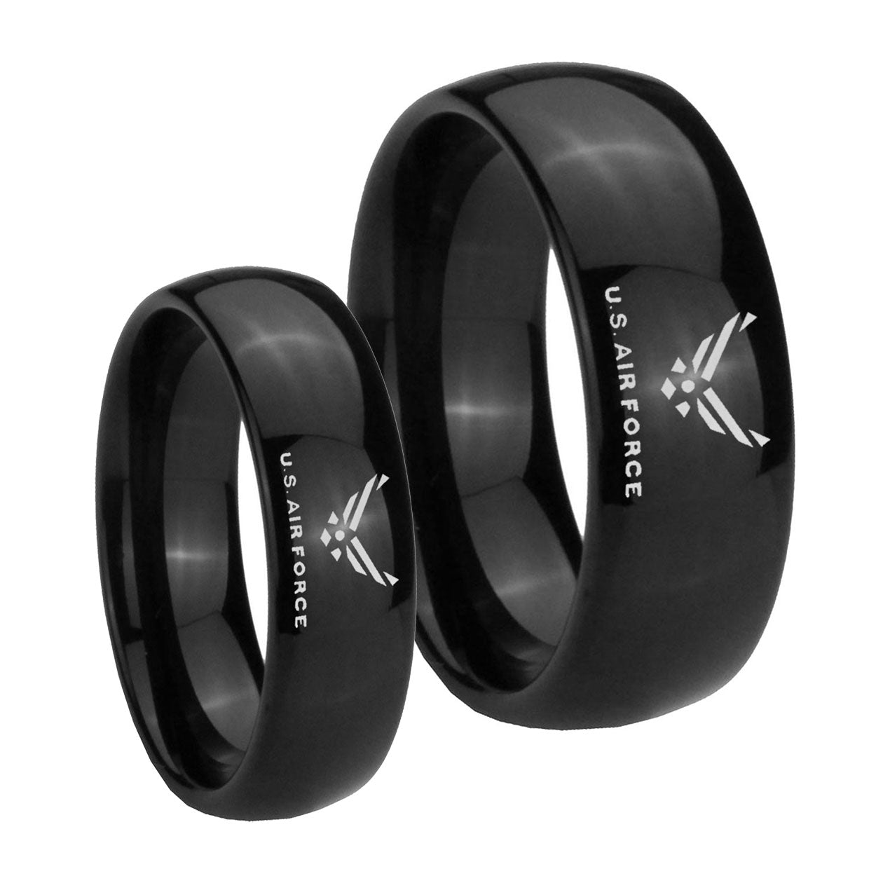 Classic Dome US Air Force Shiny Black Tungsten Bridal Band Set