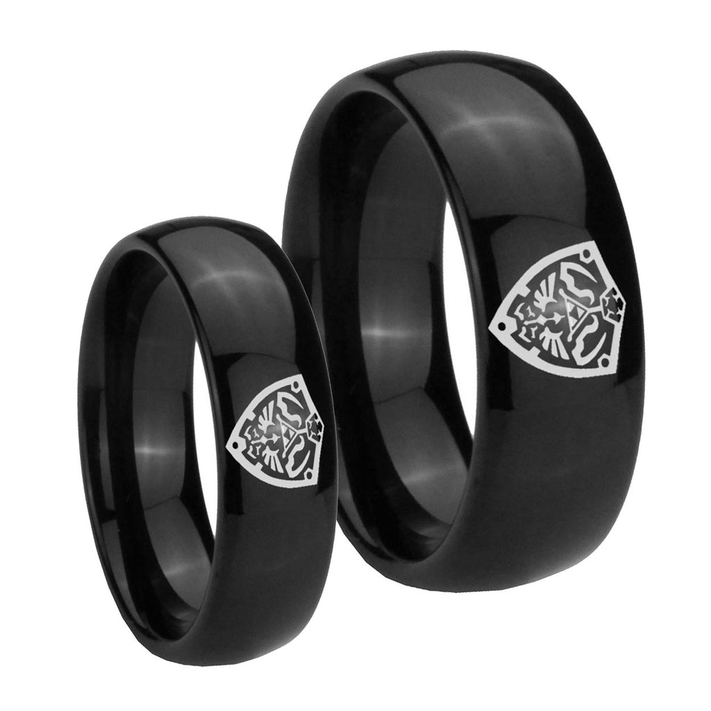Zelda Hylian Shield Dome Black Tungsten Couple Band Set