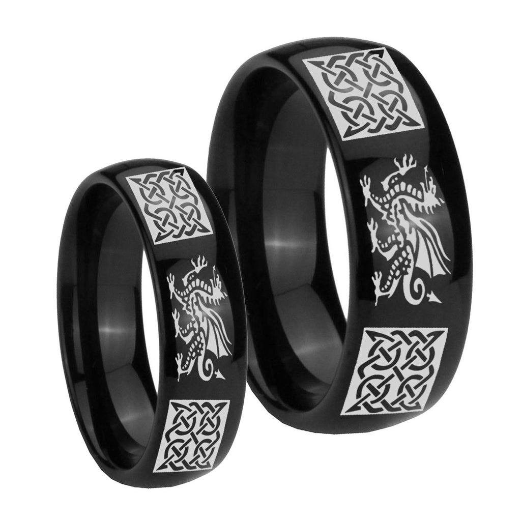 Multiple Dragon Celtic Dome Black Tungsten Bridal Set Ring
