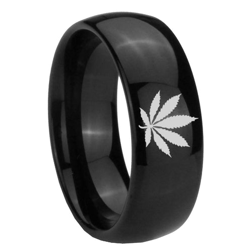 8mm Marijuana Leaf Dome Black Tungsten Men's Engagement Ring