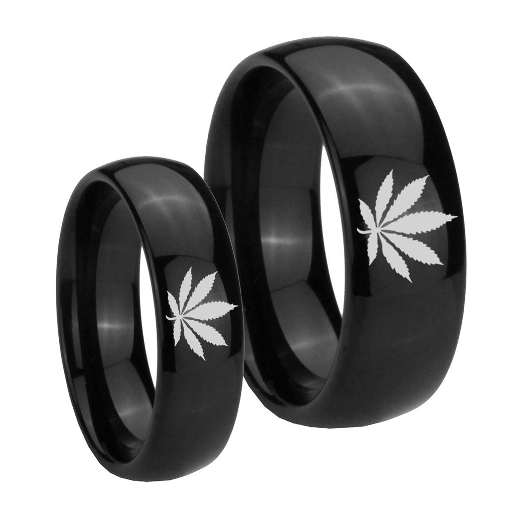 Marijuana Leaf Dome Black Tungsten Mens Set Rings