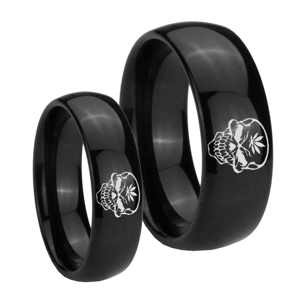 Skull Marijuana Leaf Dome Black Tungsten Bridal Set Ring
