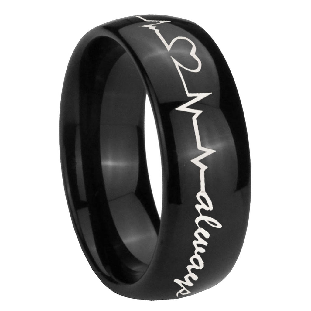 8mm Heart Beat forever Heart always Dome Black Tungsten Ring