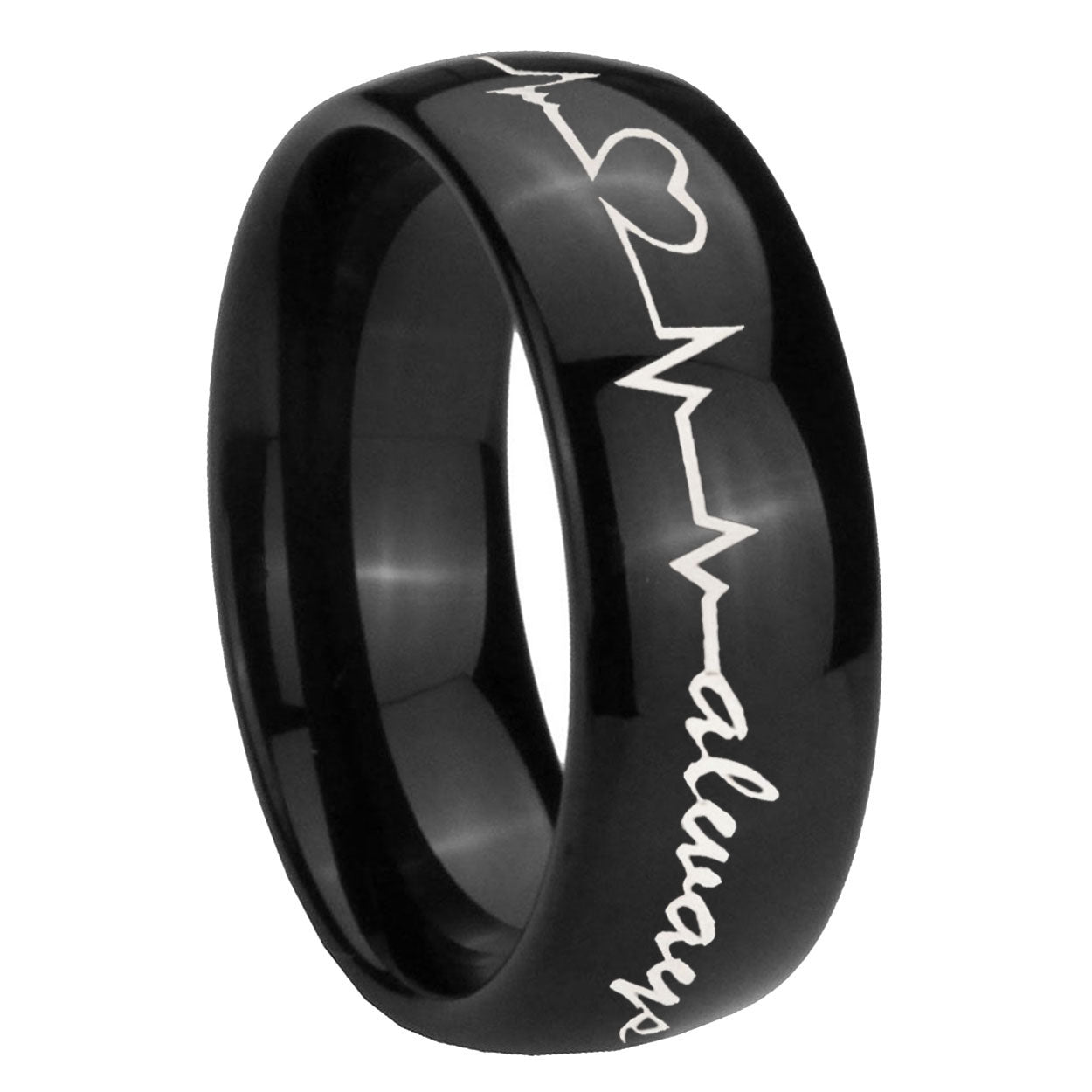 10mm Heart Beat forever Heart always Dome Black Tungsten Carbide Mens Ring