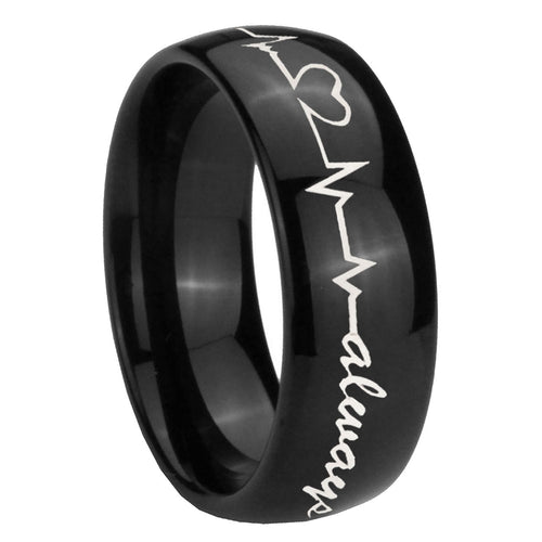 10mm Heart Beat forever Heart always Dome Black Tungsten Carbide Mens Ring