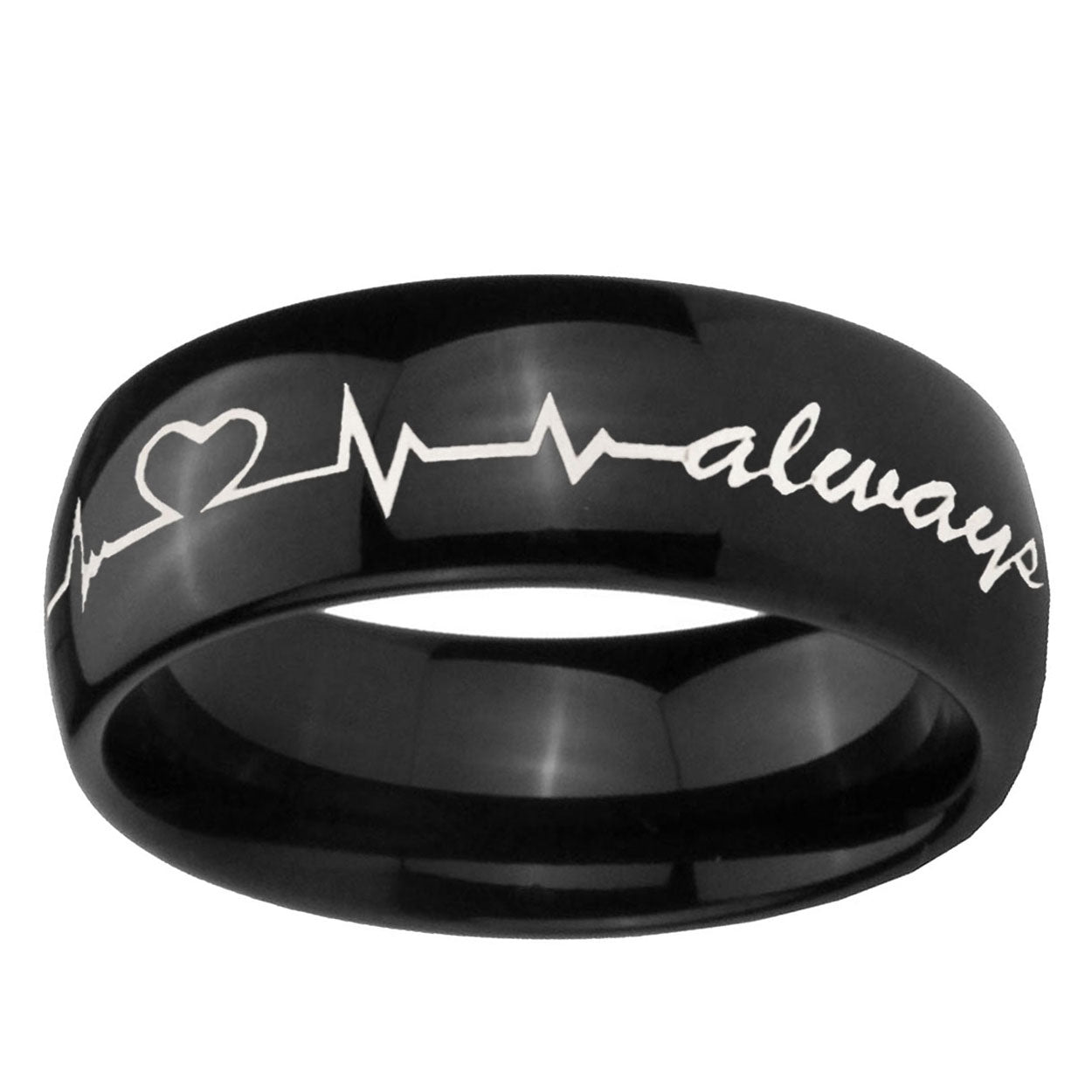 10mm Heart Beat forever Heart always Dome Black Tungsten Carbide Mens Ring