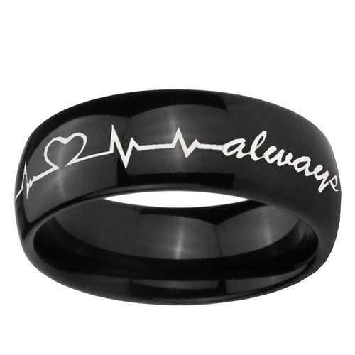10mm Heart Beat forever Heart always Dome Black Tungsten Carbide Mens Ring