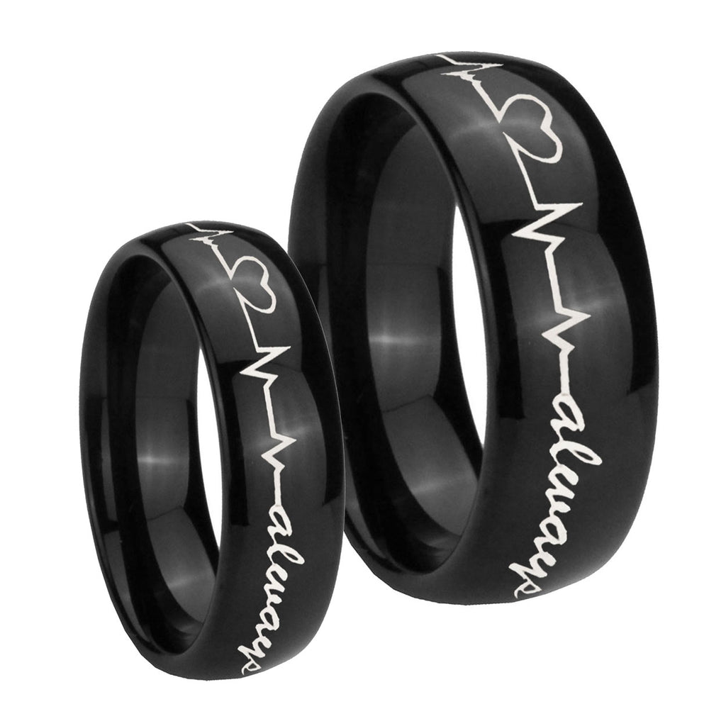 Heart Beat forever Heart always Dome Black Tungsten Engagement Ring Set