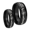 Heart Beat forever Heart always Dome Black Tungsten Engagement Ring Set