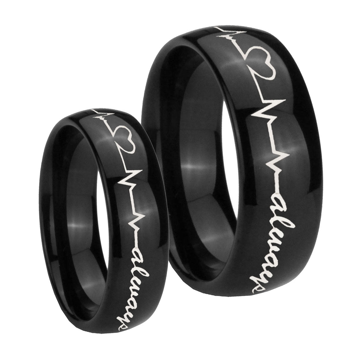 Heart Beat forever Heart always Dome Black Tungsten Engagement Ring Set
