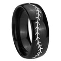 8mm Baseball Stitch Dome Black Tungsten Mens Ring Engraved
