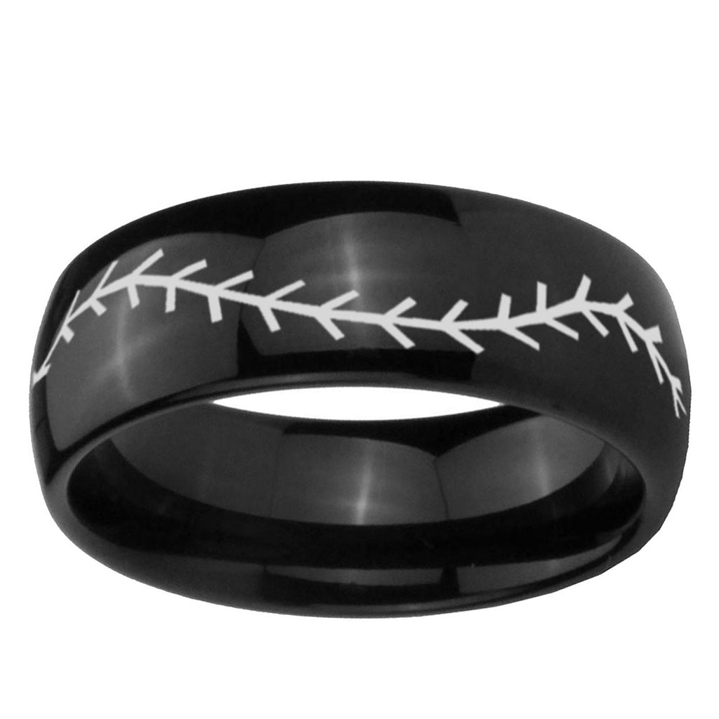 5mm Baseball Stitch Dome Black Tungsten Mens Ring Engraved