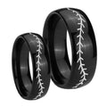 Baseball Stitch Dome Black Tungsten Engagement Ring Set