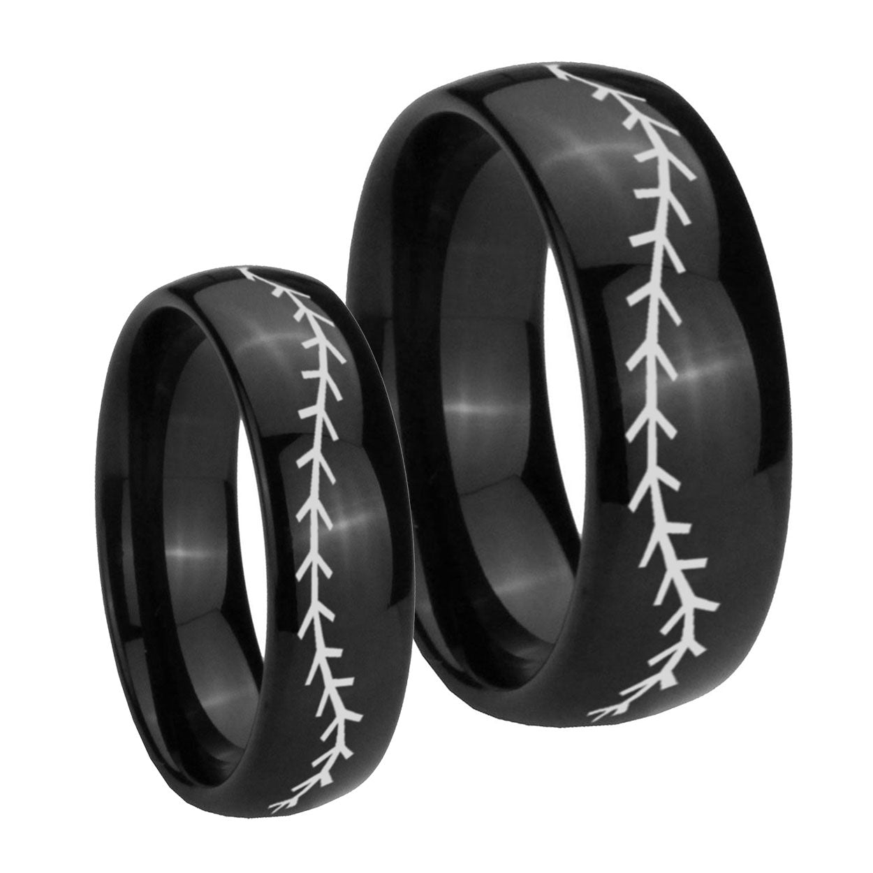 Baseball Stitch Dome Black Tungsten Engagement Ring Set