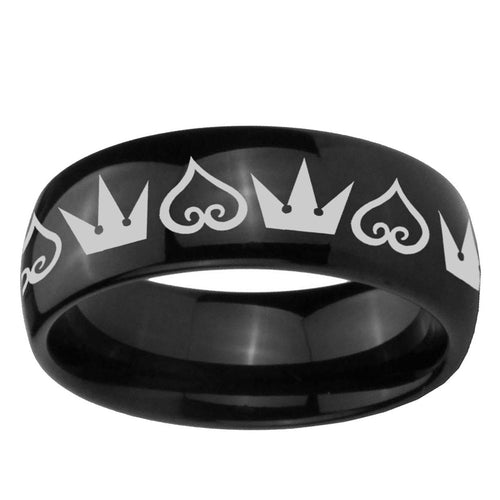 10mm Hearts and Crowns Dome Black Tungsten Ring